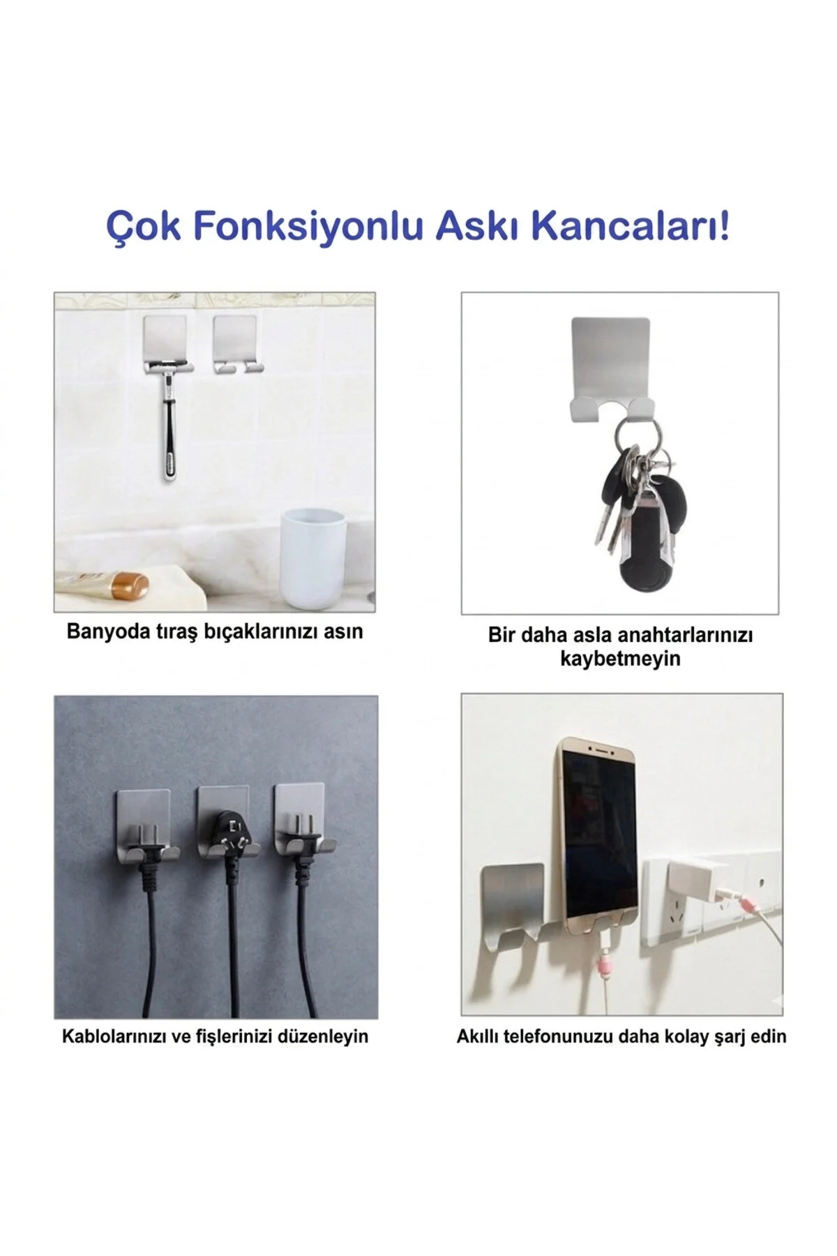 Kendinden Yapışkanlı Çok Amaçlı Paslanmaz Çelik Askı Ev-ofis-dış Mekan 2 Adet Açık Gri
