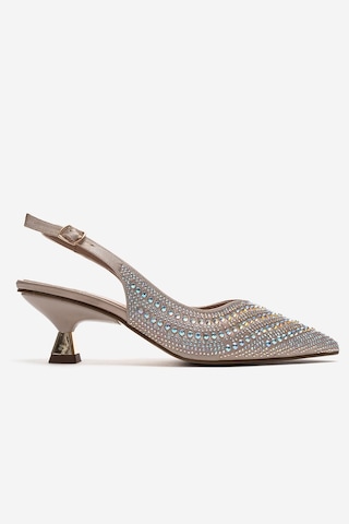 Luvishoes Royale Bej Saten Taşlı Kadın Kısa Topuklu Abiye Ayakkabı