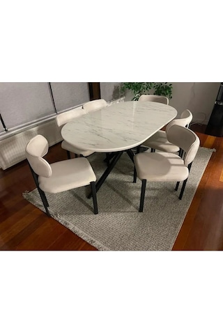 Hobi Beyaz Mermer Görünümlü Oval Masa 6 Sandalye Krem