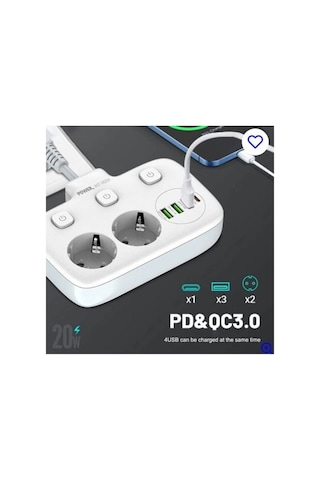 Akım Korumalı 2 Li Ayrı Anahtarlı Priz, 2x Priz, 3x Usb, 1x Type-c, 2 Mt Kablo, Hızlı Şarj 0-2