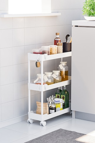 Beyaz 3 Katlı Tekerlekli Dar Düzenleyici Mutfak Ve Banyo Rafı