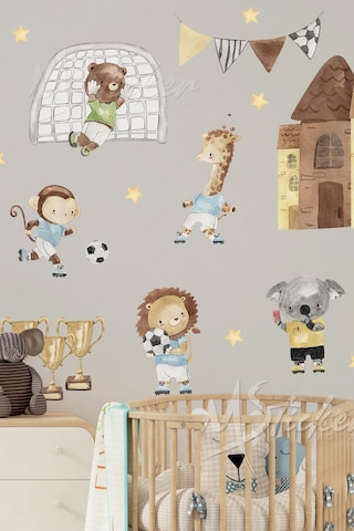 Futbol Oynayan Sevimli Hayvanlar Çocuk Bebek Odası Duvar Cam Sticker Seti