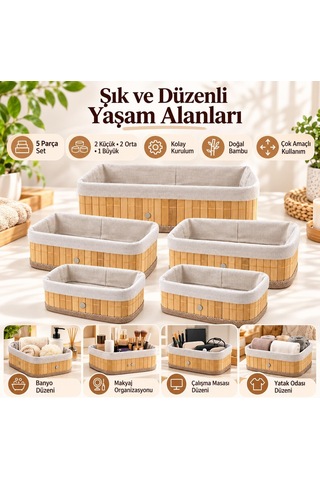 Bambu Düzenleyici Sepet Seti, Kumaş Astarlı, 5'li Set