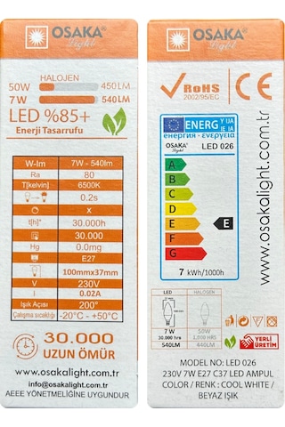 10 Adet Osaka 7w 50w 6500k Beyaz Işık E27 Duylu Kalın Duy Mum Led Ampul
