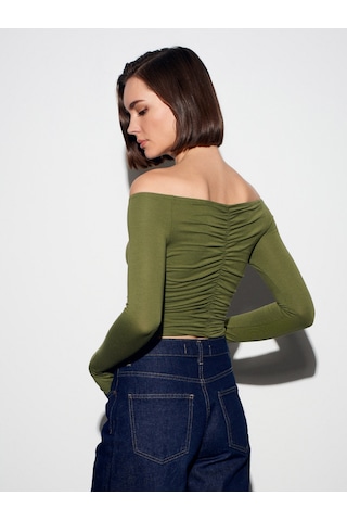 Dilvin 32089 Omuzları Açık Büzgülü Top-açık Haki Açık Haki