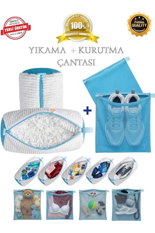Çok Amaçlı Yıkama Çantası Ve Kurutma Filesi, 2'si 1 Arada Takım, Mavi, Xl Boyut Beyaz-mavi
