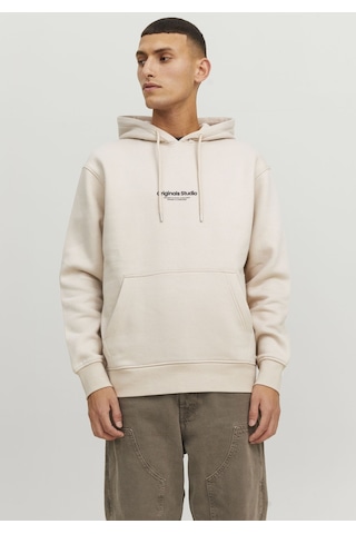 Jack & Jones Kapüşonlu Göğüs Baskılı Sweatshirt - Vesterbro 12241687 Moonbeam Krem