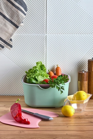 5 Li Aura Kare Profesyonel Çok Amaçlı Hazırlık Seti Karıştırma Kasesi Süzgeci Limonluk Kesme Tahtası Mint Turuncu Sarı Haki