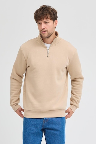 Polostate Unisex Regular Fit Rahat Kesim Pamuklu Içi Polarlı Yarım Fermuarlı Bej Dik Yaka Sweatshirt Bej