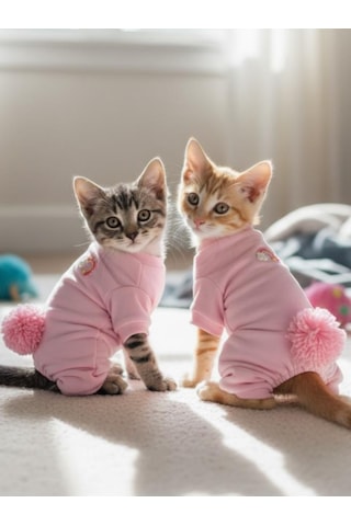 Tassel And Rainbow Soft Pink - Pastel Pembe Pamuklu Kedi Tulum Pijama