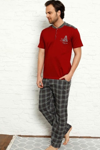 Alimer Erkek Bordo Kısa Kollu Ekoseli Pijama Takımı 1153Kk-B