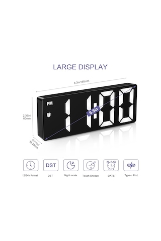 Oqımax Dijital Led Çalar Saat, Dijital Masa Saati, 4 Parlaklık, Tarih, 12/24 Saat, Erteleme Ve Dst Fonksiyonu, Büyük Genel