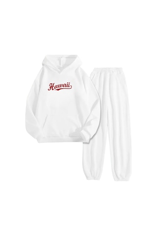 Beyaz Eşofman Takımı Kırmızı Hawaii Baskılı, Kapüşonlu Sweatshirt Ve Jogger Pantolon Beyaz
