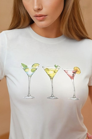 Hiccup Baskı Detaylı Regular Fit Bisiklet Yakalı %100 Pamuklu Crop T-shirt Tozlu Beyaz