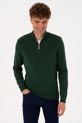 U.S. Polo Assn. Erkek Slim Fit Yarım Fermuarlı Koyu Yeşil Basic Kazak 50313695-VR079