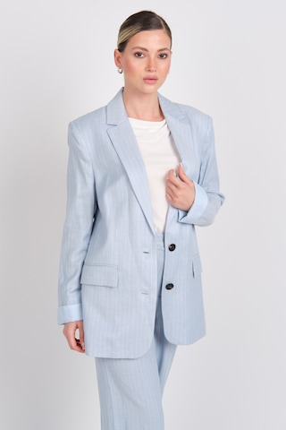 Ayhan Kadın Çizgili Düğmeli Keten Ceket 0860 Mavi Mavi