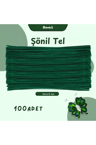Şönil Tel, El İşi, Dıy, Hobi Ve Çiçek Yapım Teli, Koyu Yeşil, 100 Adet, 6 Mm - 30 Cm