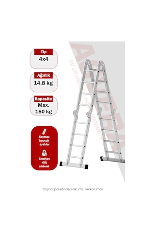 Asvera 4.7 Metre Çok Amaçlı Akrobat Merdiven - 16 Basamaklı 4x4 Katlanır Profesyonel Merdiven
