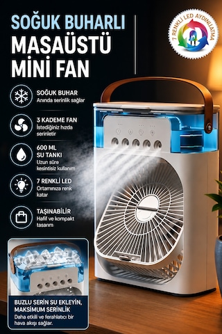 Exenar - Beyaz - Buharlı Serinletici Masaüstü Mini Fan Nemlendirici Led Işıklı Hava Soğutucu Vantilatör 600ml 3kademe