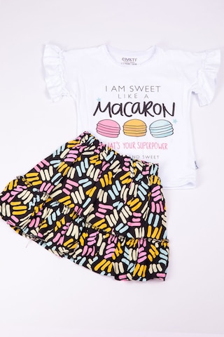 Hçm Kız Çocuk Tshirt Etek Takım Makaron Baskılı B23 Beyaz