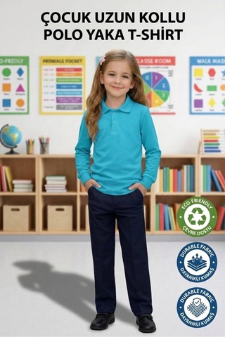 Erdem Kıds Unisex Kız Erkek Çocuk Polo Yaka Pamuklu Uzun Kol Turkuaz Günlük Basic Okul Tişört Turkuaz Mavi Turkuaz Mavi
