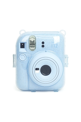 Fujifilm Instax Mini 12 Fotoğraf Makinesi + 20'li Film + Kıskaçlı Resim Standı + Simli Pleksi Kılıf Seti Mavi