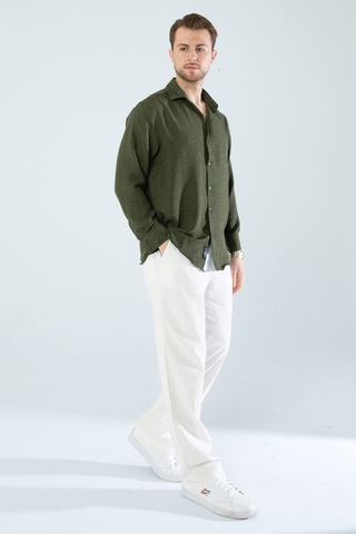 Rahat Kesim Keten Dokulu Gömlek Haki