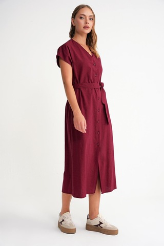 4721 Kadın V Yaka Düğme Detaylı Keten Elbise Bordo Bordo