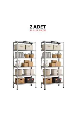 Çelik Raf 6 Katlı 2'li 43x75x200 Raf Sistemi, Depo Rafı, Arşiv Rafı, Kiler Rafı, Çok Amaçlı Raf Gri