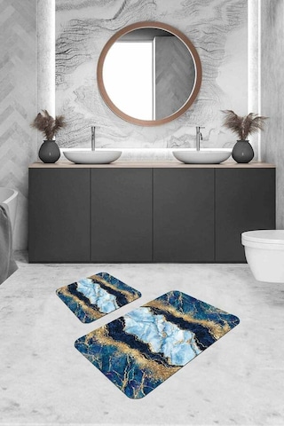 Mavi Mermer Görünümlü Banyo Halısı Klozet Paspas Seti Bs334n11