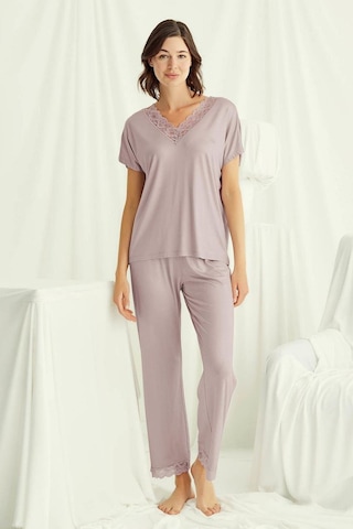 Monamise 18486 Kadın V Yaka Kısa Kollu Pijama Takımı-vizon Vizon