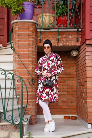 Polologin Butik Fuşya Renkli Soyut Desenli Uzun Tunik Pembe