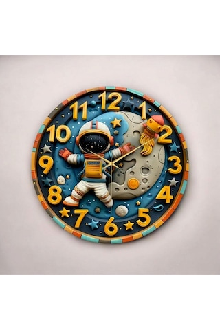 Renkli Baskı Astronot Uzay Çocuk Desenli Sayılı Hediyelik Ahşap Sessiz Duvar Saati 50cm ÇOk Renkli