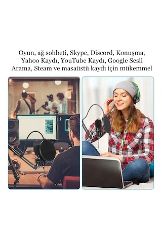 Profesyonel Kondansatör Mikrofon Seti Ayarlanabilir Stand Usb Pc Bağlantılı Youtube Karaoke Podcast