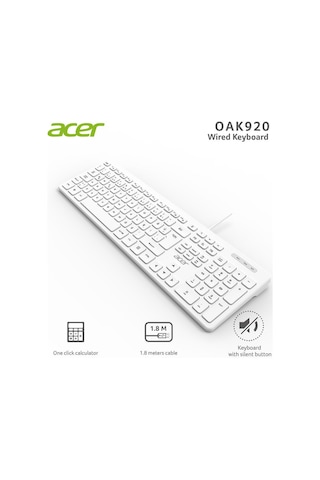 Acer Oak920 Q Usb Beyaz 1.8mt Kablolu Klavye-tek Tuş Hesap Makinalı Sessiz Tuş