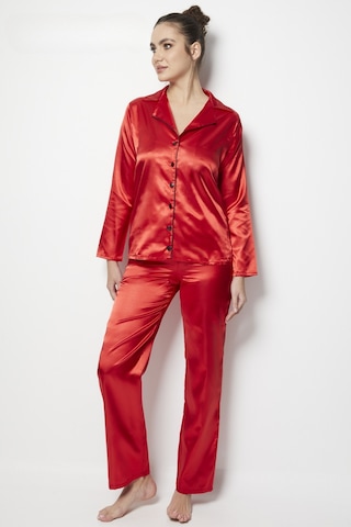 Faryanight Saten Uzun Kollu Düğmeli Gömlek Pijama Takımı Kırmızı