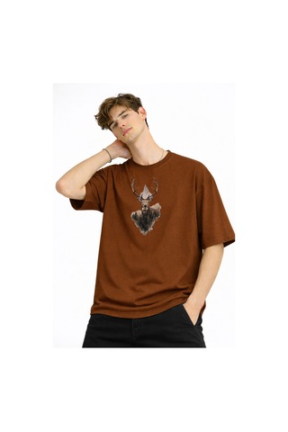 Misa Tahtakale Deer - Oversize Erkek Tişört Kahve Çok Renkli