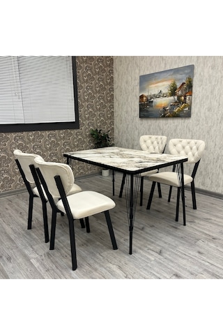 Akumarin Mutfak Yemek Masası Takımı- 4 Kişilik Mutfak Masa Sandalye Takımı- Mutfak Masası Takımı Siyah Beyaz Mermer Krem