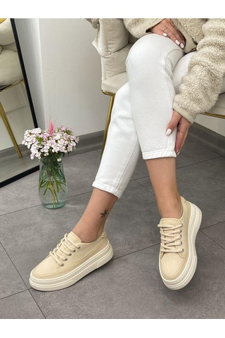Erva'nın Butiği Ekru Keten Werner Bağcıklı Kadın Sneakers-5358