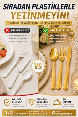 25'li Set Altın Plastik Çatal Kaşık Bıçak Seti Sert Lüks Kullan At Parti Davet Servis Seti