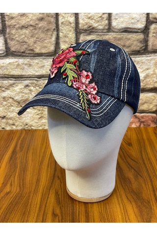 Hamze Jean Kot Denim İndigo Kumaş Taşlı Gül Desenli Beyzbol Cap Şapka Koyu İndigo