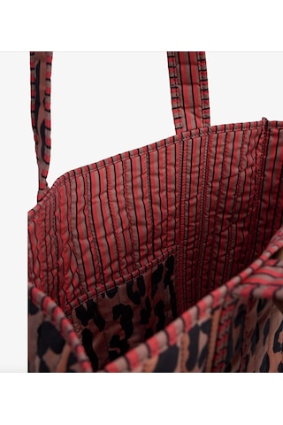 İcone Bag Patch Yama Desen Baskılı Kapitoneli Plaj Çantası, İçi Çizgili Baskılı Shopper Çanta, Pembe Plaj Çantası Leopar
