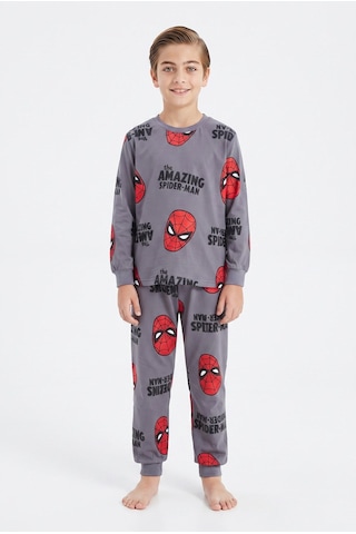 Bunny Hopp Erkek Çocuk Uzun Kollu Pijama Takımı %100 Pamuk Kırmızı Maske Desenli Penye Gri