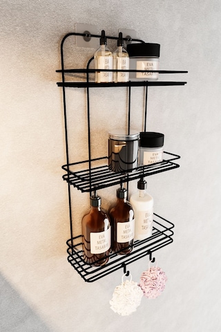 Eva Metal Tasarım Paslanmaz Yapışkanlı Düz Banyo Düzenleyici Şampuanlık Duş Rafı Siyah