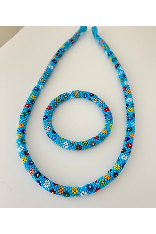Chichibeads Mavi Papatya Desenli Kolye Bileklik Set Beyaz - Mavi