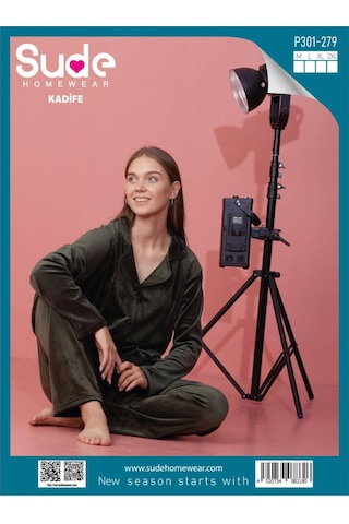 Sude Kadın Kışlık Gömlek Yaka Kadife Pijama Takımı P301/279- 1 Adet Haki