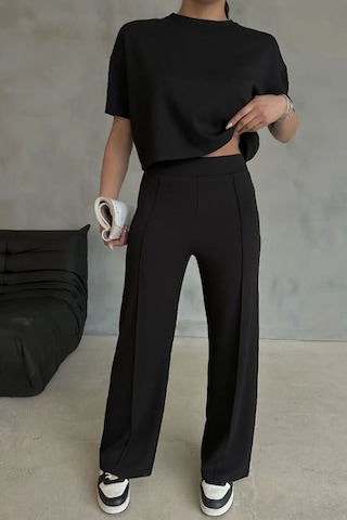 Modal Kumaş Yüksek Bel Pantolon Crop & Pantolon Takım Siyah