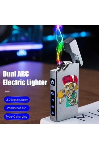 Trendooze 1 Adet Rüzgar Geçirmez Dijital Ekranlı Usb Şarjlı Çift Arklı Çakmak - Silvery Gümüşi Gümüş