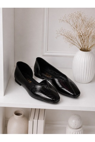 Dabab Shoes Dante Kadın Siyah Kırışık Rugan Kare Burun Düz Taban Günlük Casual Babet Ayakkabı