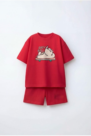Magu Erkek Çocuk Pamuklu Gergedan Baskılı Kırmızı T-shirt Şort Takım